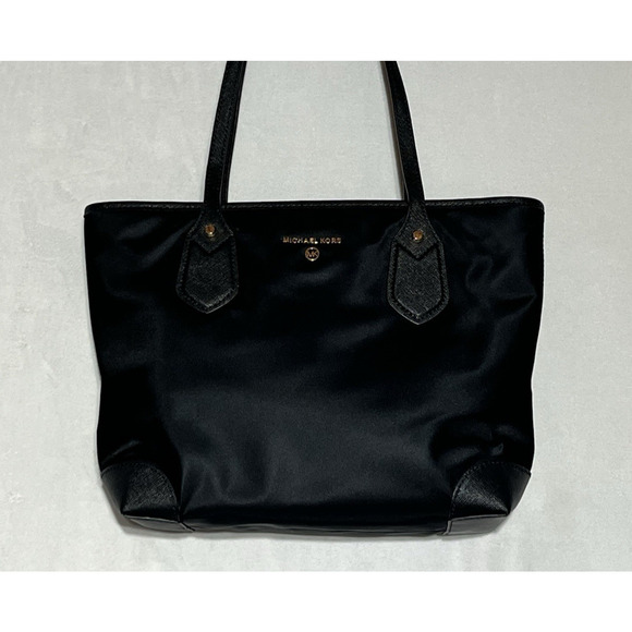 Michael Kors Eva Tote Black Nylon Zip Top Shoulder Bag Handbag Gold Tone Logo - Picture 1 of 14